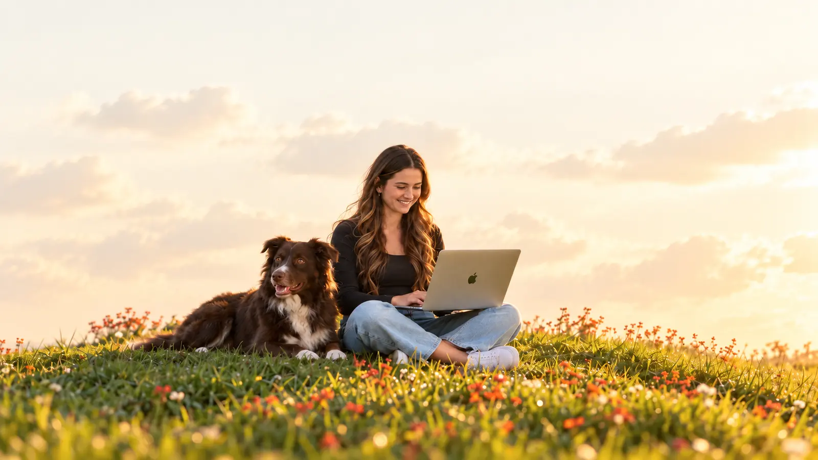 Real estate agent working on a laptop in a field at sunset with her dog