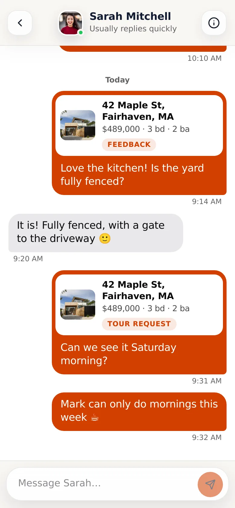 Portal chat between a buyer and her agent, with the house attached to a feedback note and a tour request