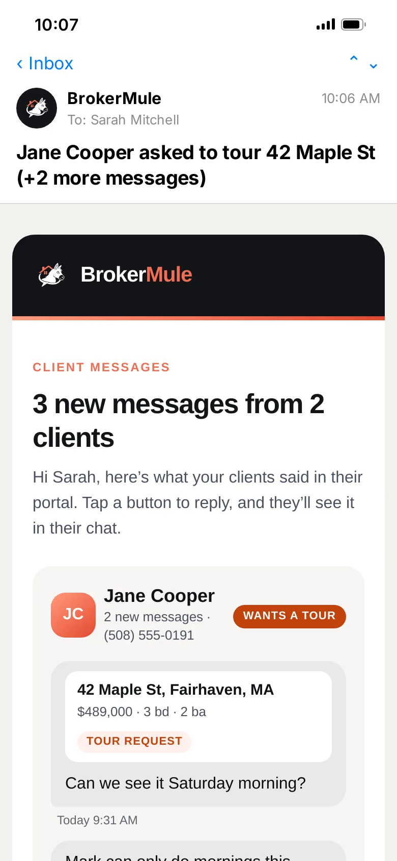 The chat alert email on a phone: “Jane Cooper asked to tour 42 Maple St” with the message and home
