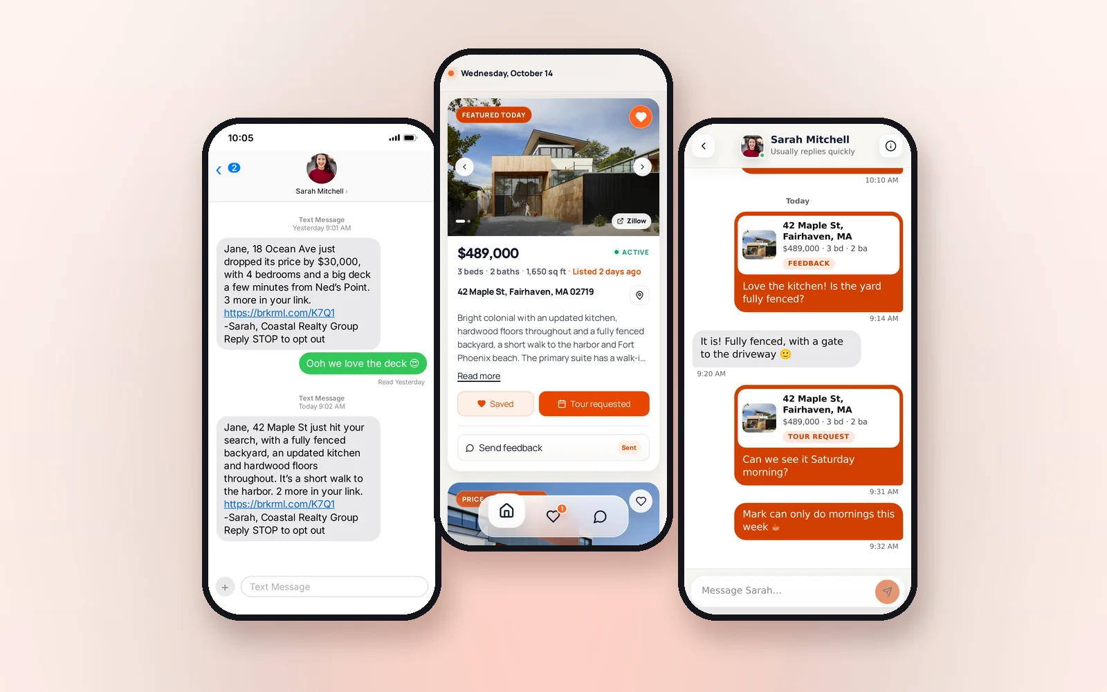 Three phones showing a BrokerMule listing text, the buyer portal with a featured home, and the chat with the agent