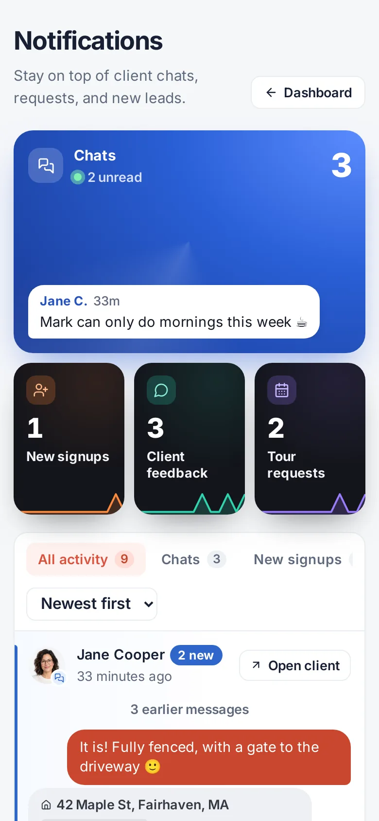 The BrokerMule Notifications page on a phone with unread chats, signups, feedback and tour requests