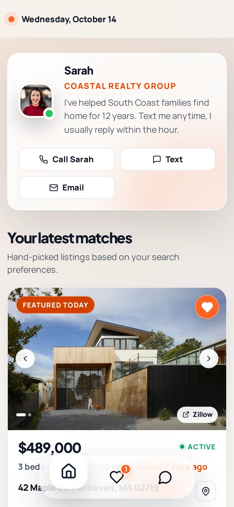 The buyer portal on a phone, opening with the agent’s photo, bio and contact buttons