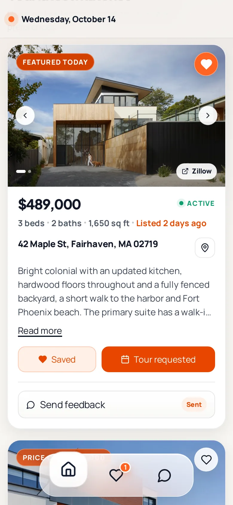 The featured home on the buyer portal with Saved and Tour requested buttons
