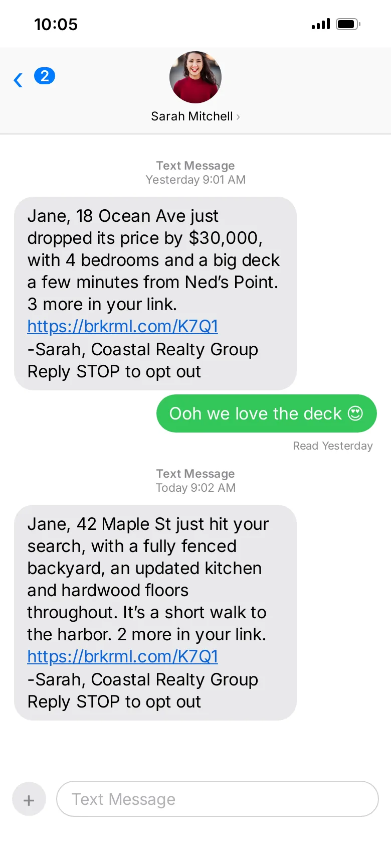 A BrokerMule listing text on an iPhone: one home, two real details and a link to the buyer’s portal