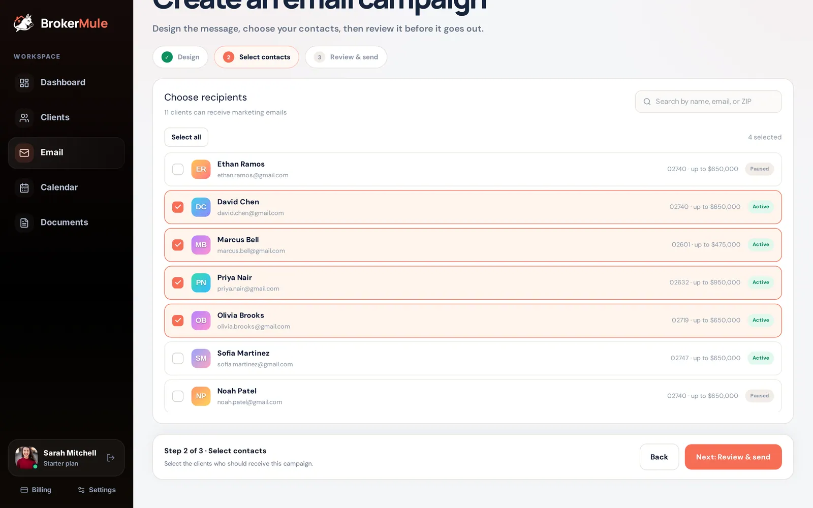 Choosing email recipients with checkboxes, search and Select all