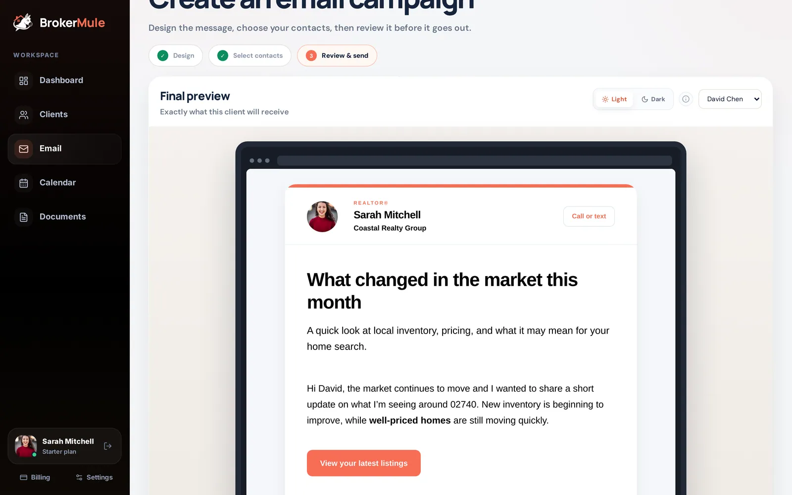 Final preview of the email campaign with a recipient selector