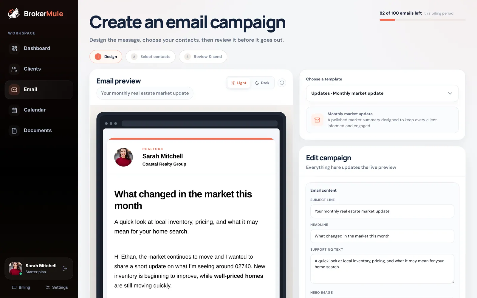 The email campaign designer with a live preview on the left and the editor on the right