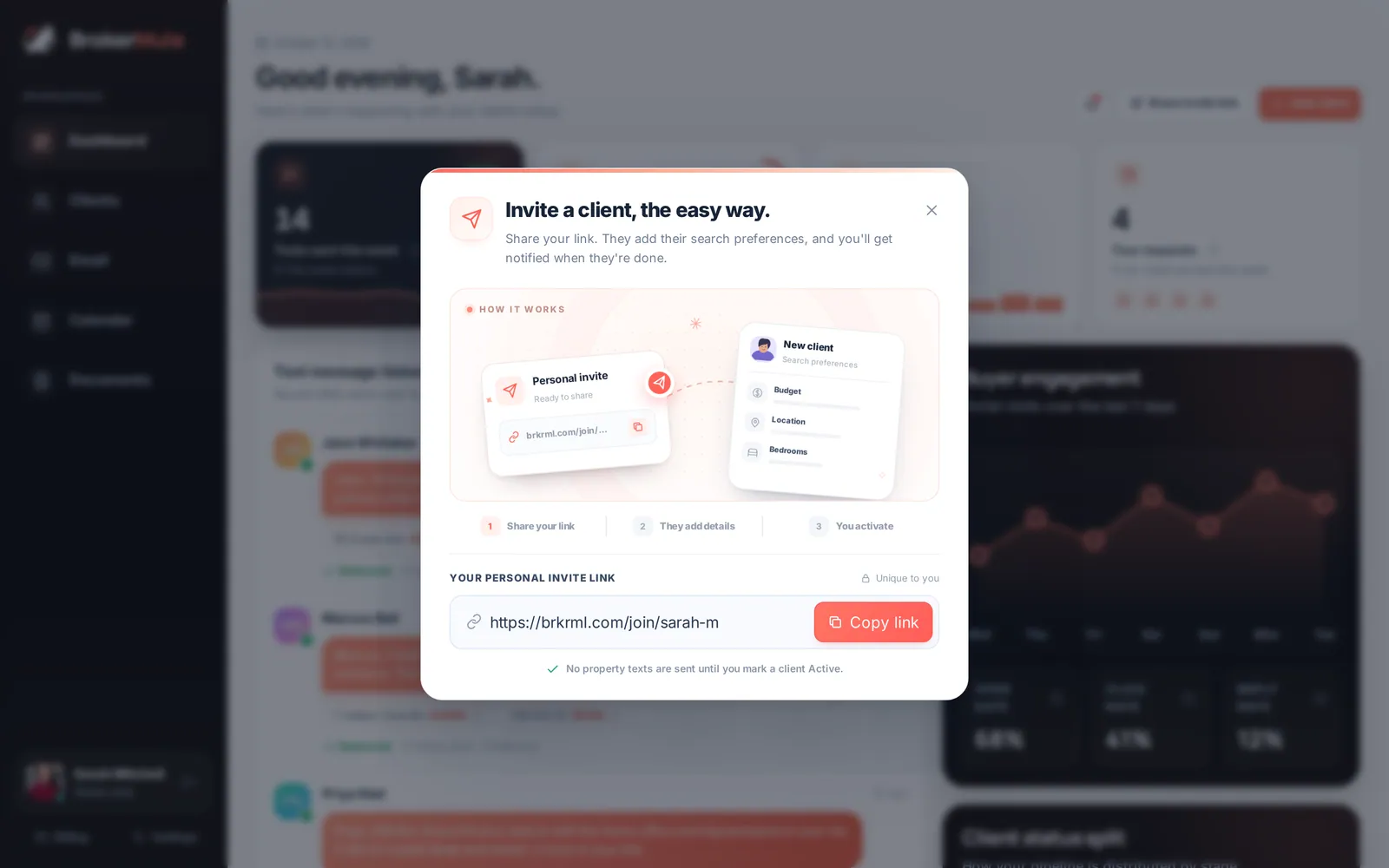 The invite modal with a personal invite link and the three steps: share your link, they add details, you activate