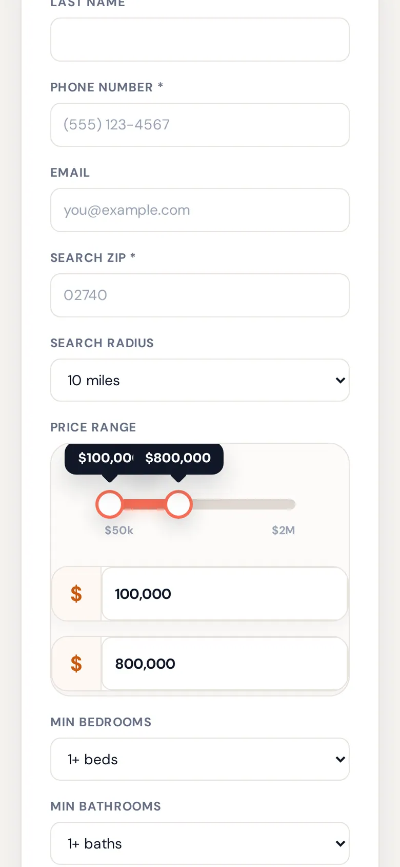 The buyer sign-up form with name, phone, email, ZIP, radius, price range, beds and baths