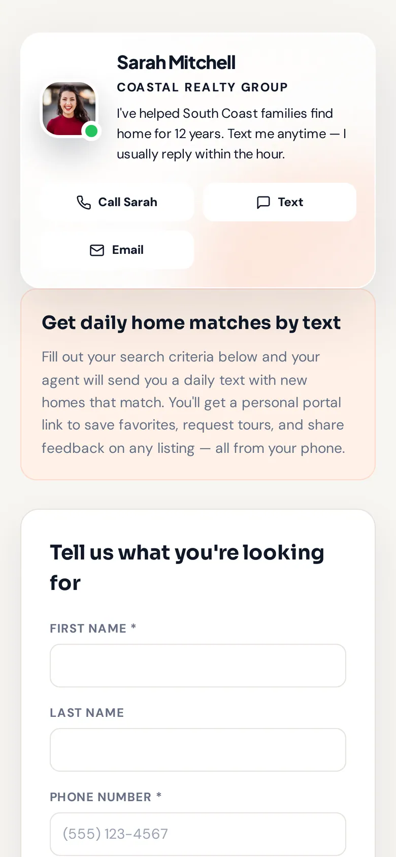 The buyer sign-up page on a phone showing the agent's photo, bio and contact buttons