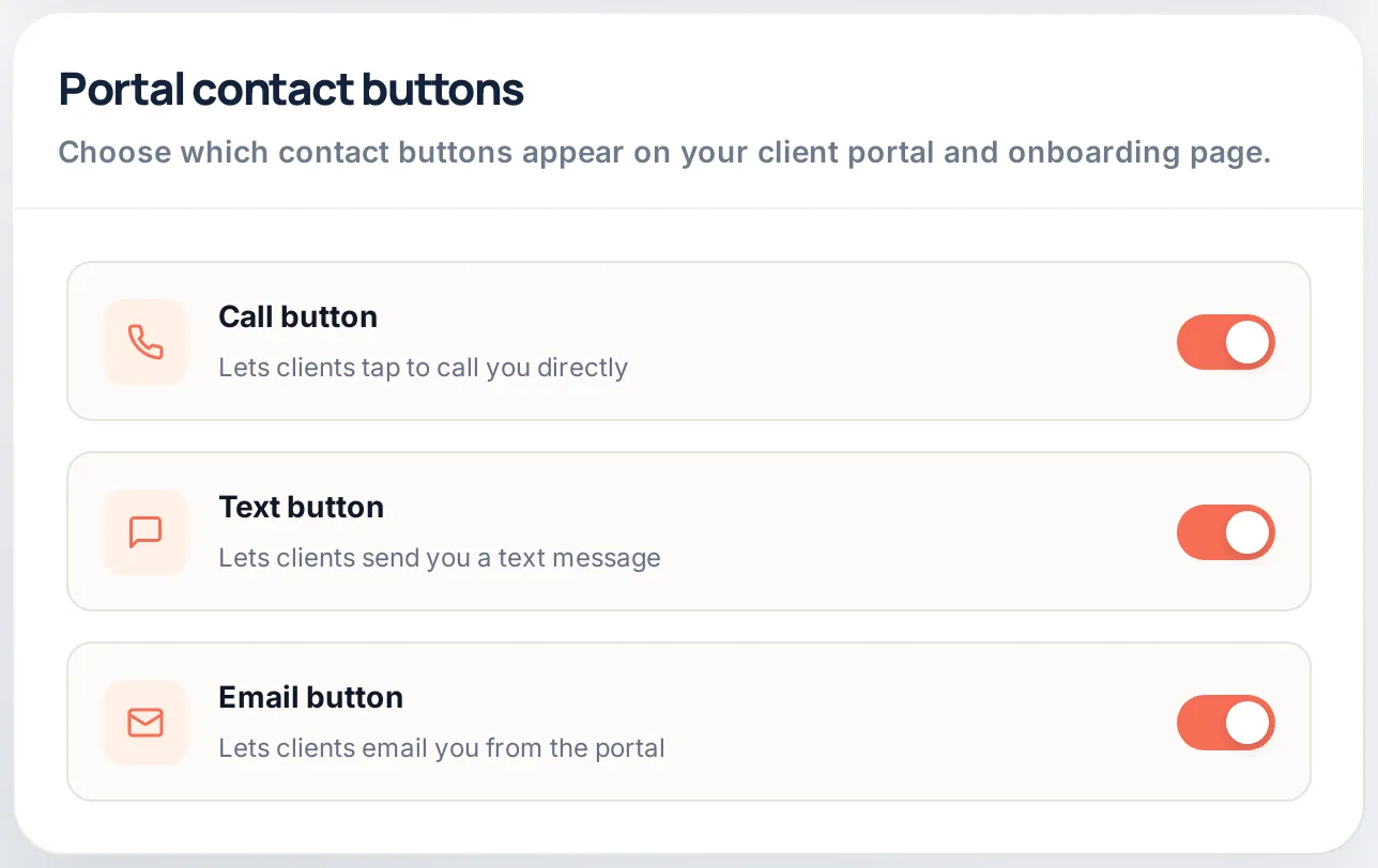 Toggles for the Call, Text and Email buttons on the client portal
