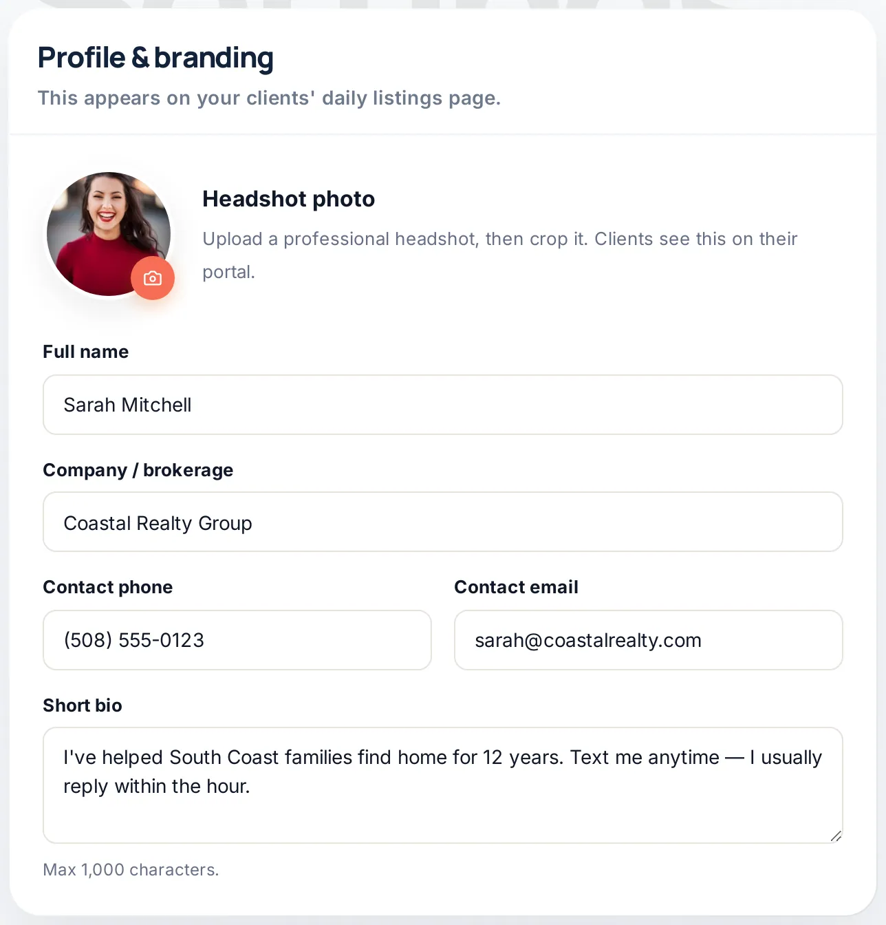 The Profile & branding section of BrokerMule Settings with a headshot, name, brokerage, phone, email and bio
