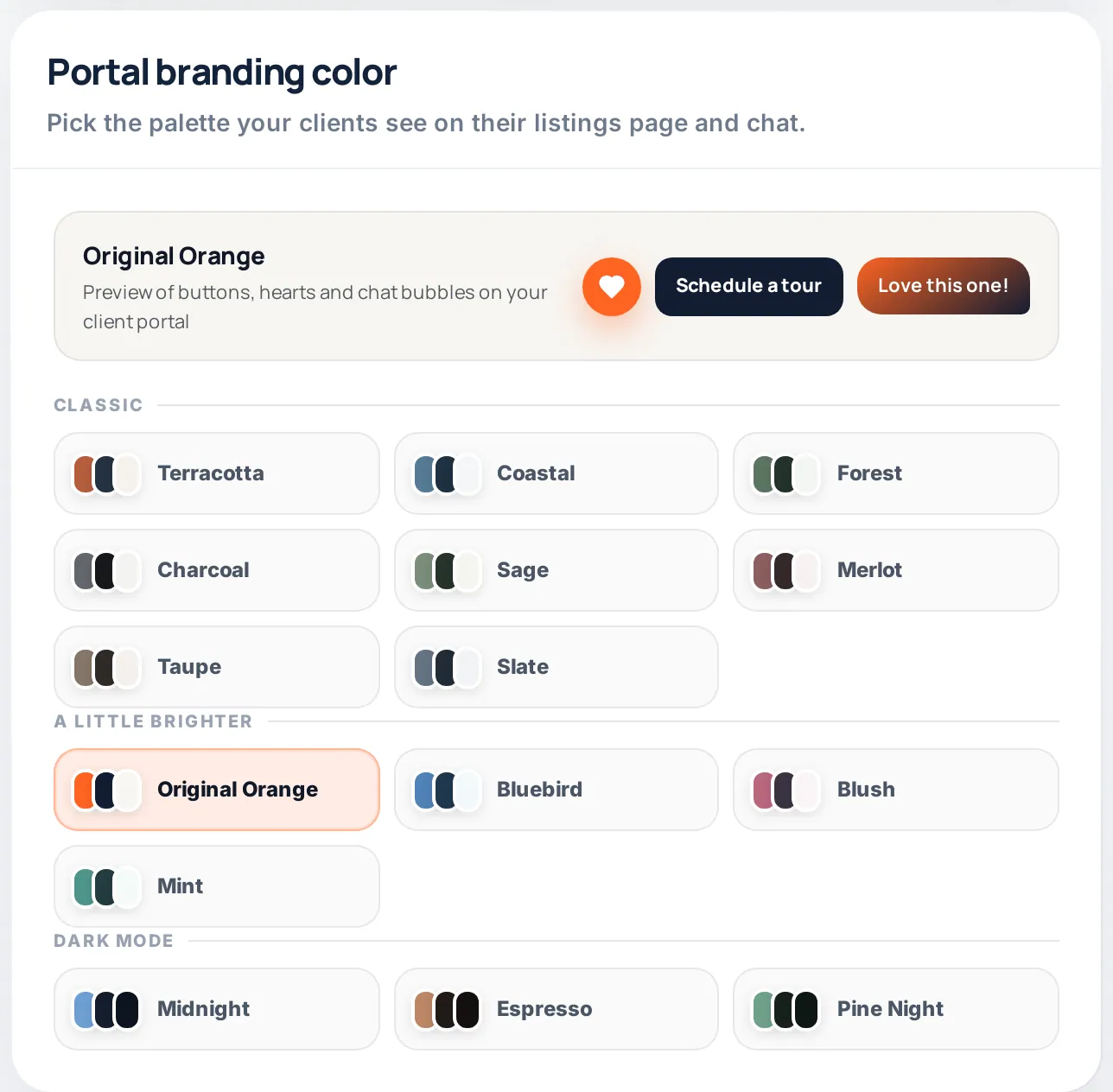Portal branding color picker with 18 palettes including Terracotta, Coastal, Original Orange and Midnight